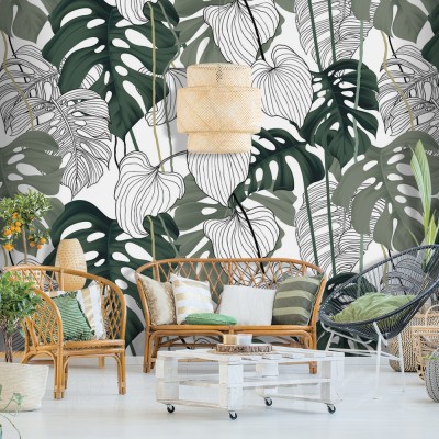 Τροπικά φύλλα, Line Art, Ταπετσαρίες Τοίχου, 100 x 57 εκ.